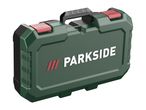 Dark green tool case with red latches and a black handle, featuring a textured surface.