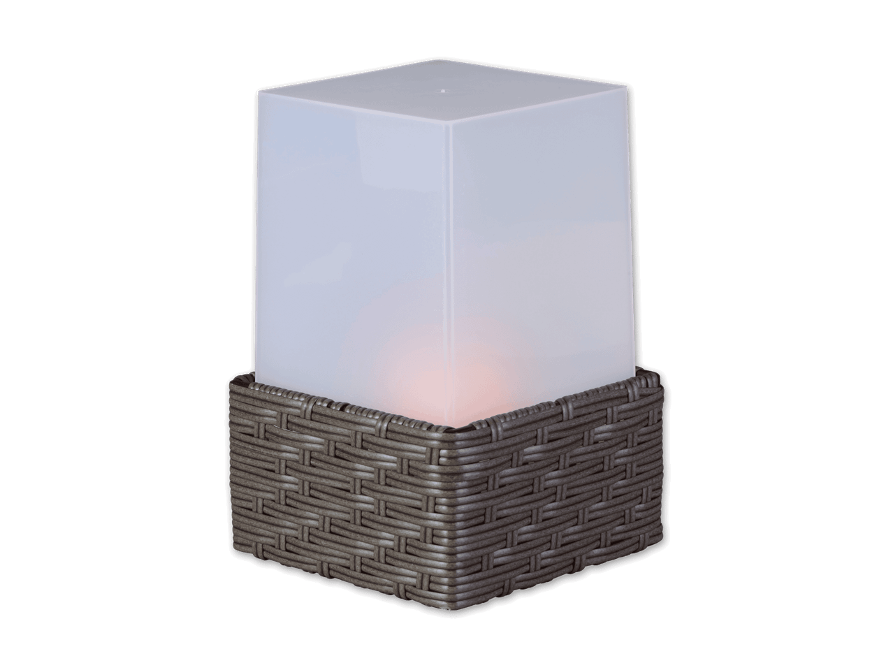 Eine kleine, quadratische Tischlampe mit grauem Sockel.