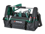 Geantă de scule PARKSIDE cu chei, clești, ciocan, nivelă și fierăstrău.