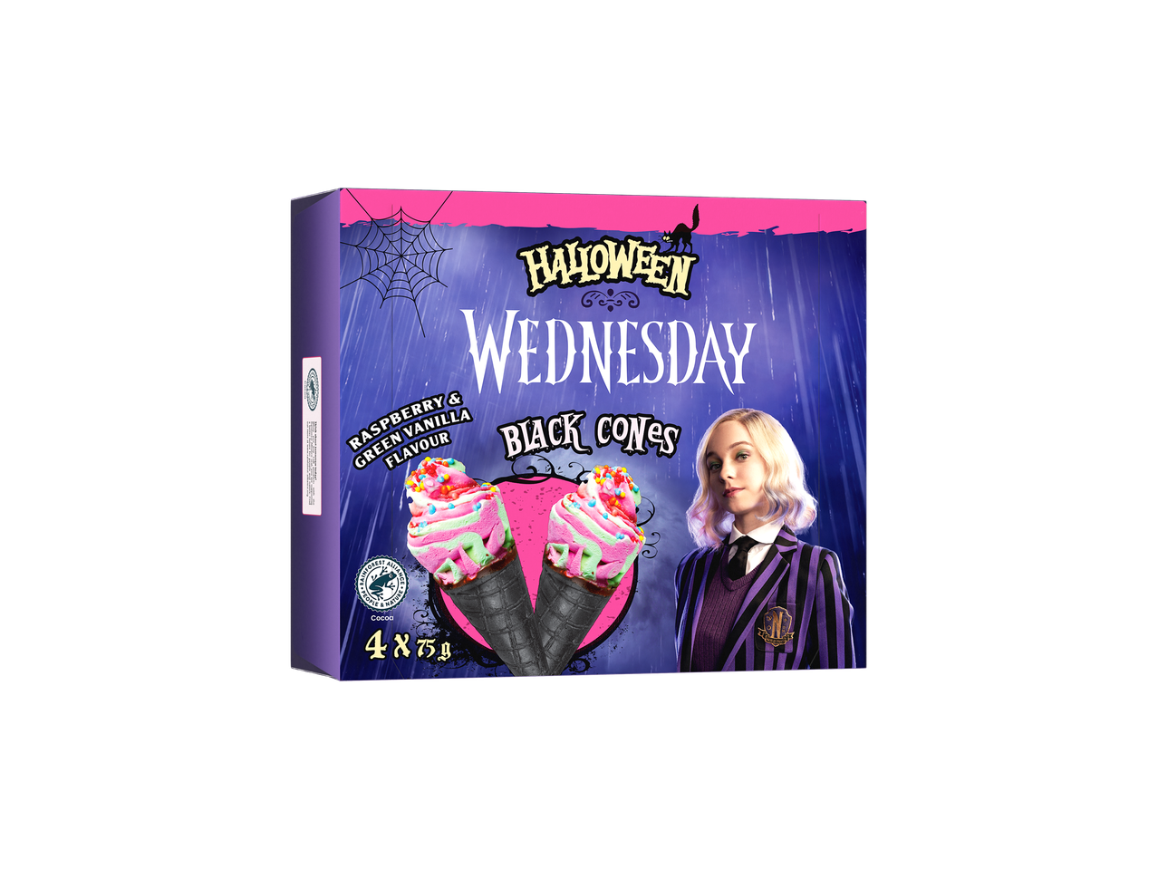 Halloween Wednesday Black Cones ice cream with raspberry and green vanilla flavor, featuring a character from the Wednesday series.