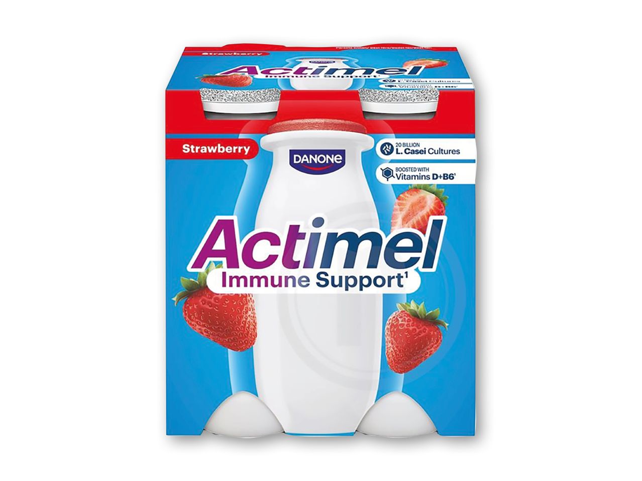 En pakke Actimel jordbær-yoghurt med immunitetsstøtte.