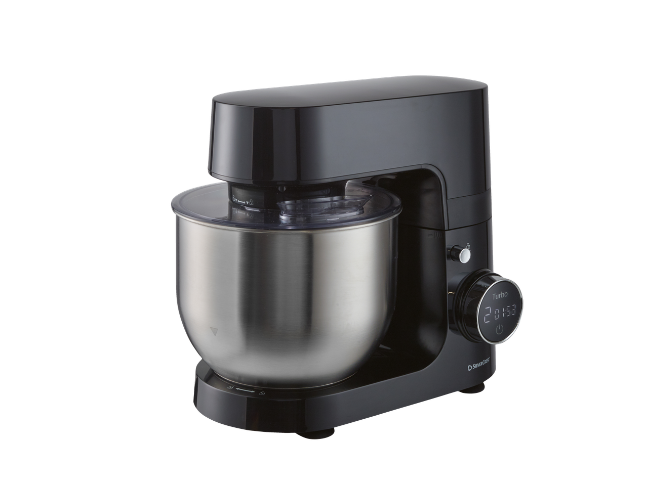 Robô de cozinha preto com taça de aço inoxidável e ecrã digital.
