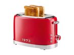 A red toaster with two slices of golden-brown toast, featuring chrome accents and control buttons.