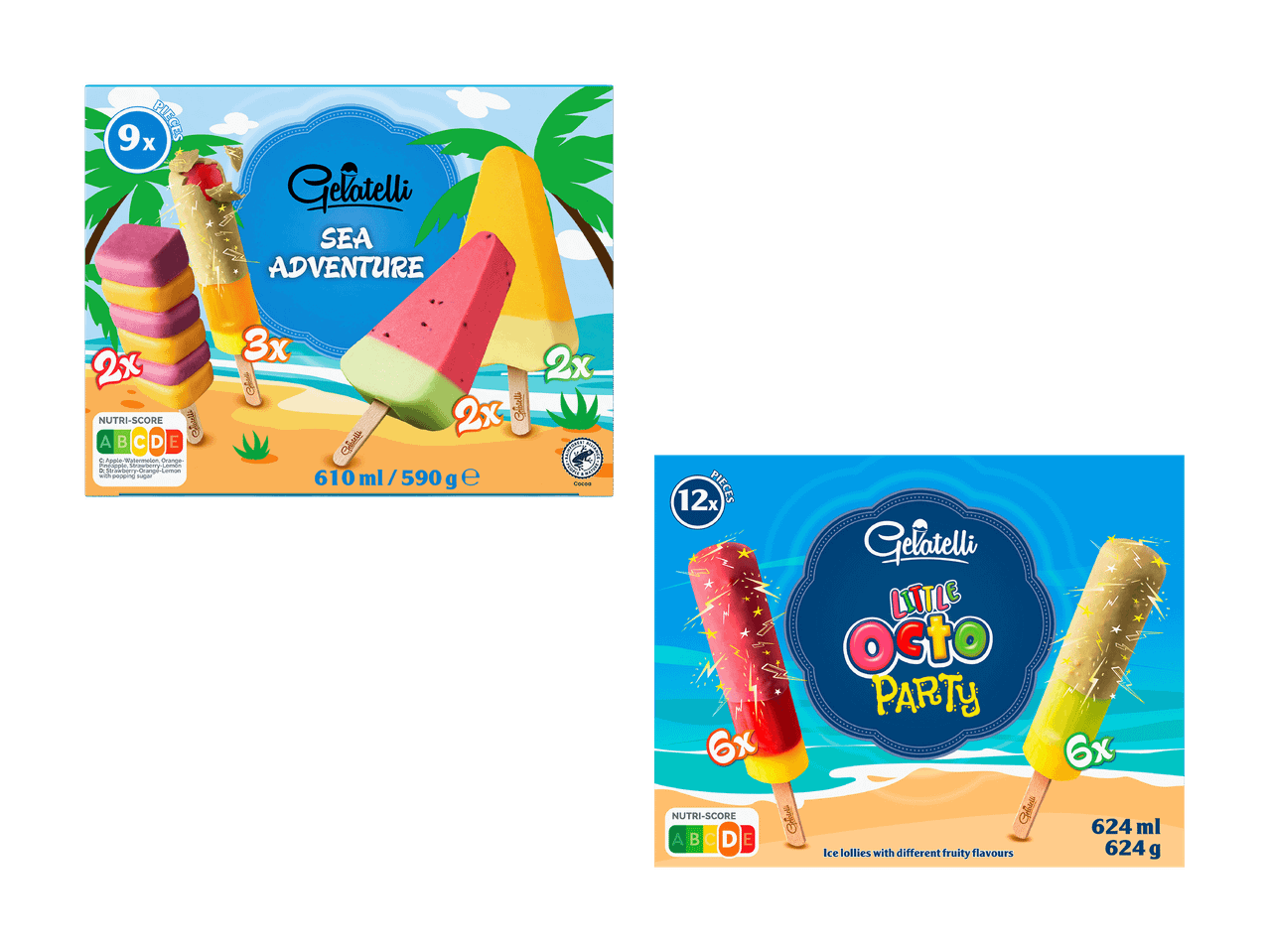 Zwei Packungen fruchtiger Eis am Stiel, eine mit Meeresmotiv, die andere mit Partymotiv.