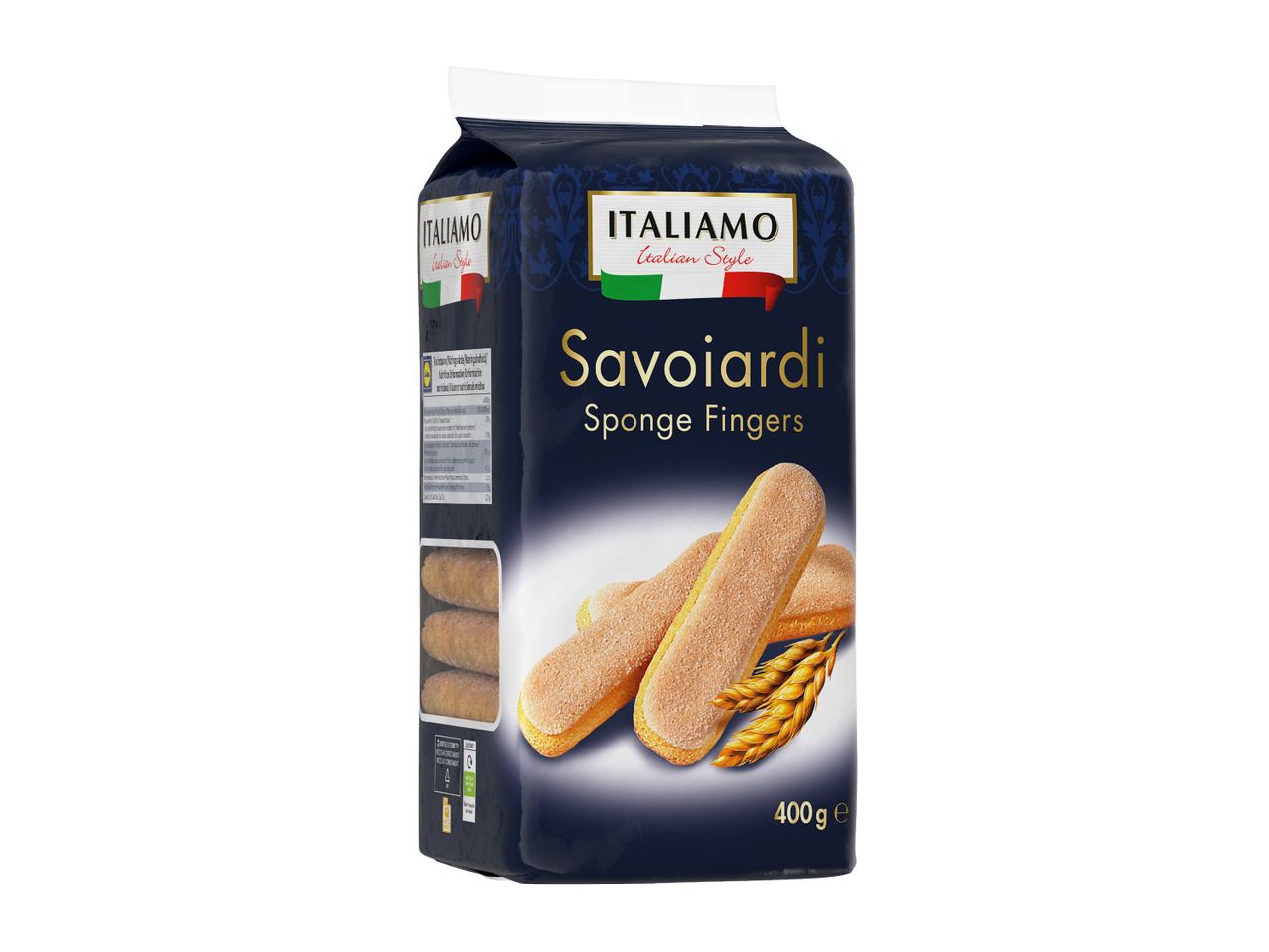 Italian-style Savoiardi sponge fingers in a dark blue package, 400g.