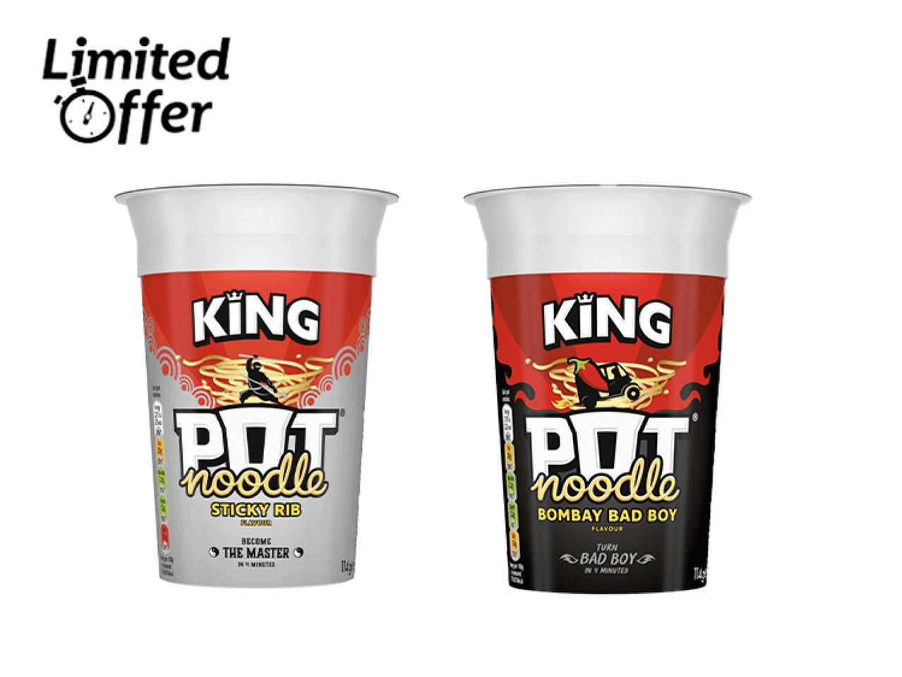 Two King Pot Noodle cups, Sticky Rib and Bombay Bad Boy flavors, with a 'Limited Offer' label.