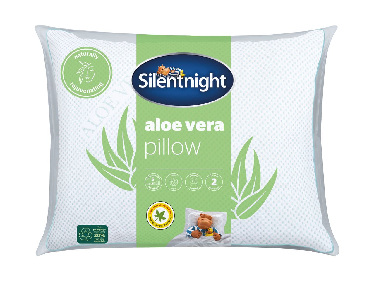 Silentnight aloe vera pillow, naturally rejuvenating, medium firmness, 2-year guarantee.