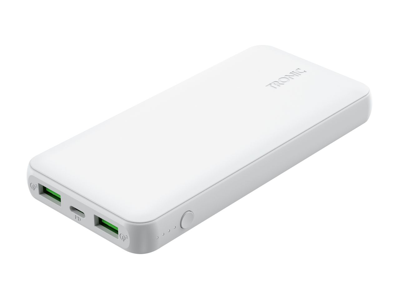 White power bank with multiple USB ports and a power button.