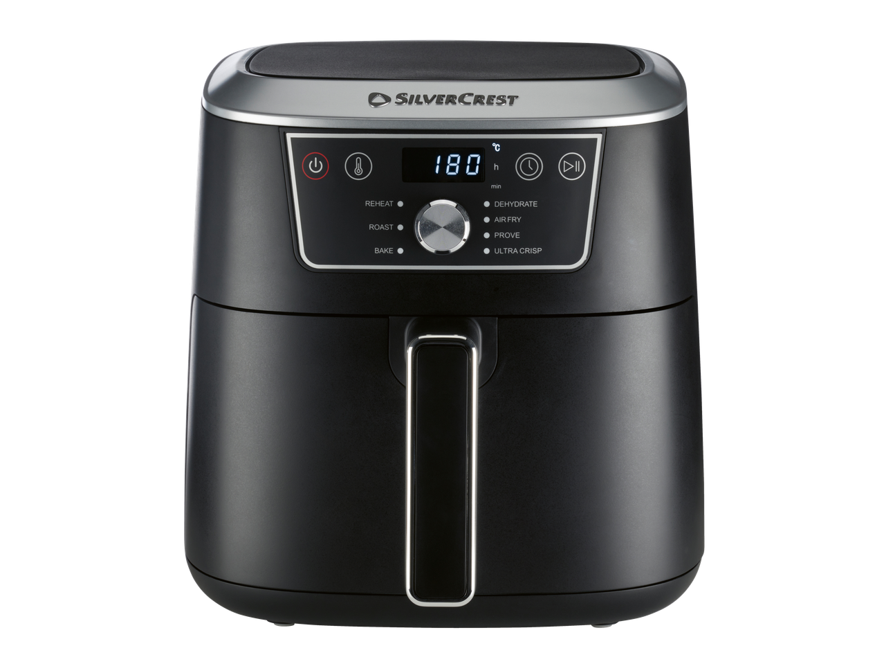 SILVERCREST® 2150W Air Fryer with digital display showing 180°C, reheat, roast, bake, dehydrate, air fry, prove, and ultra crisp functions.