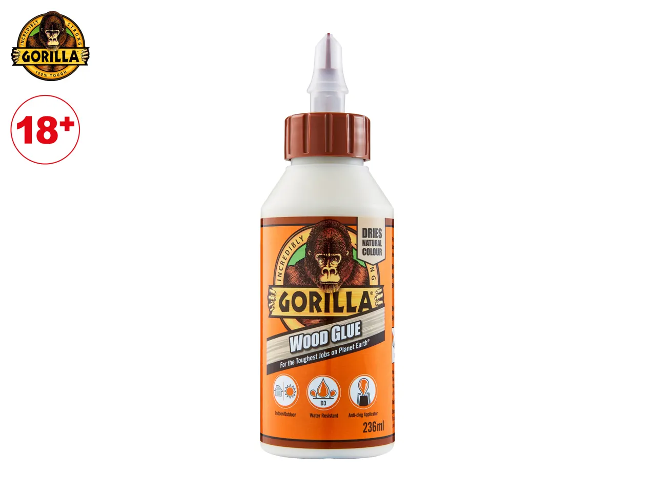 A bottle of wood glue with a gorilla logo, featuring indoor/outdoor use, water resistance, and an anti-clog applicator.
