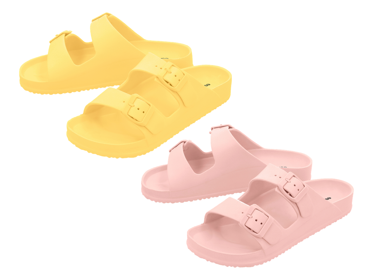 Dva para žutih i ružičastih sandala s dvije kopče.