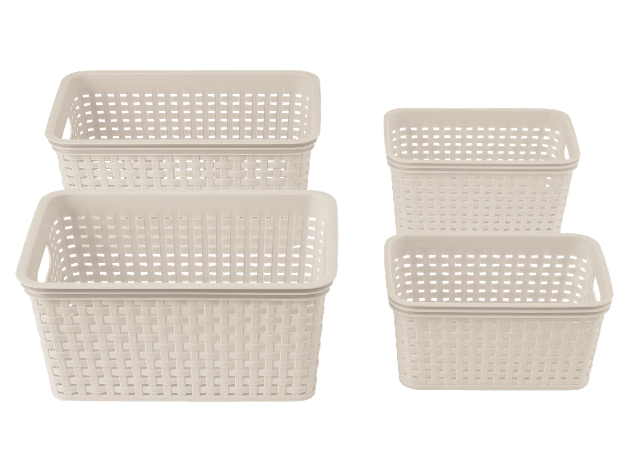 Conjunto de quatro cestos de plástico bege trançados.