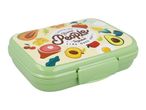 A pastel green plastic bento box with a fruit and vegetable design.