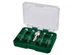 Set di punte diamantate verdi per piastrelle in una custodia trasparente, con misure da 6mm a 12mm.