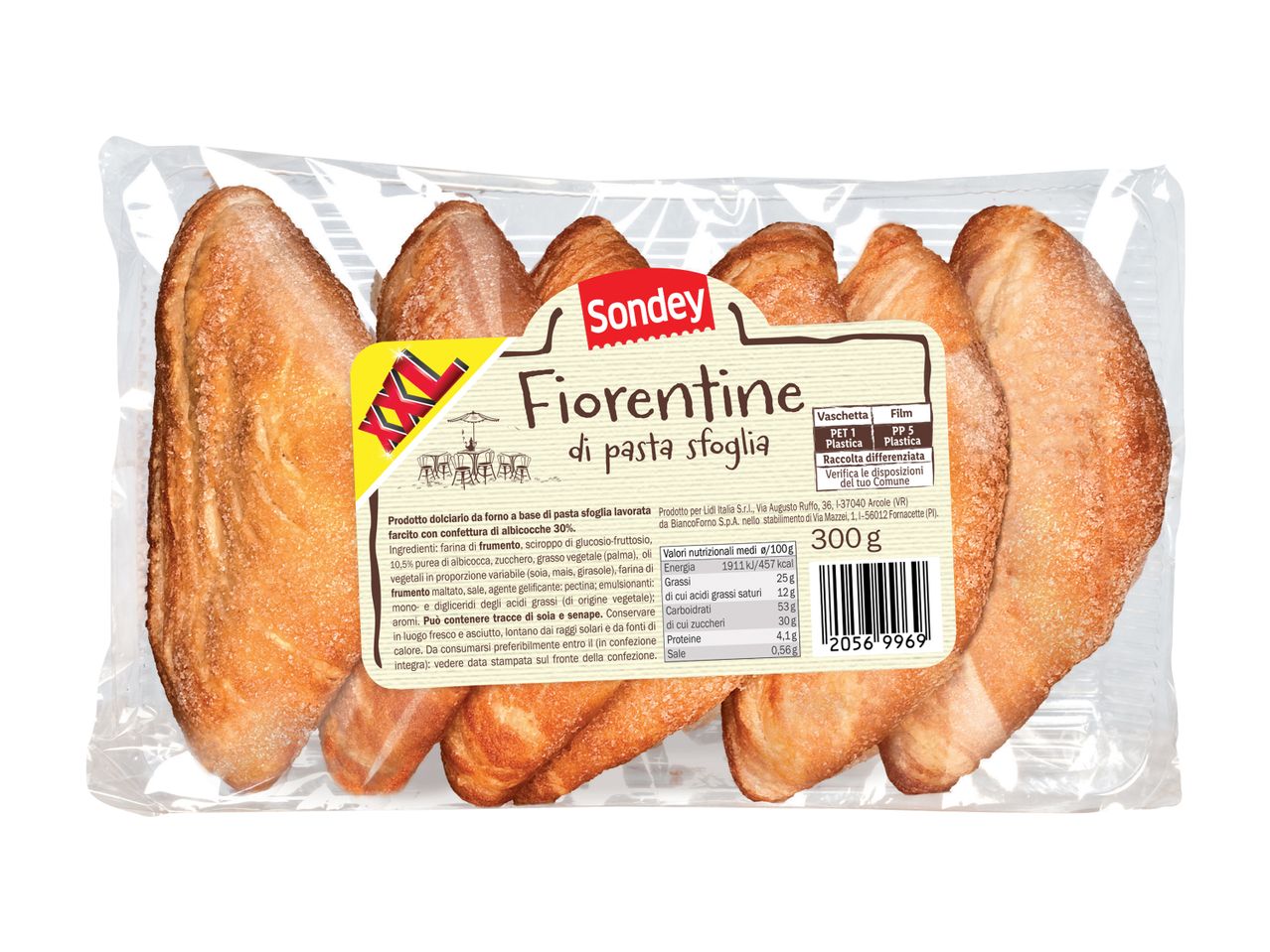 Sondey Fiorentine: biscotti di pasta sfoglia al gusto di albicocca, confezionati in plastica trasparente.
