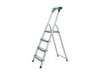 Silver stepladder with green accents, featuring four steps and a top platform.