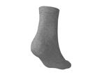 Single grey sock, viewed from the side, with a ribbed cuff and heel.