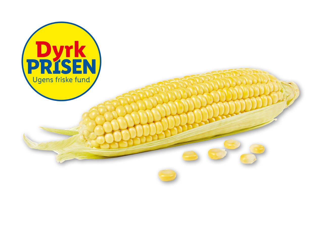 Majskolbe med løse majskorn og et rundt logo med teksten 'Dyrk PRISEN'.