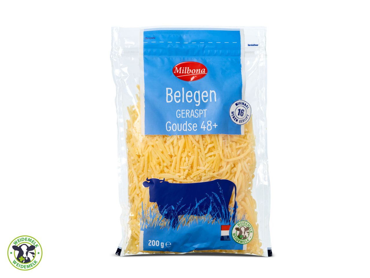 200g Milbona Gouda 48+ geraspte kaas.