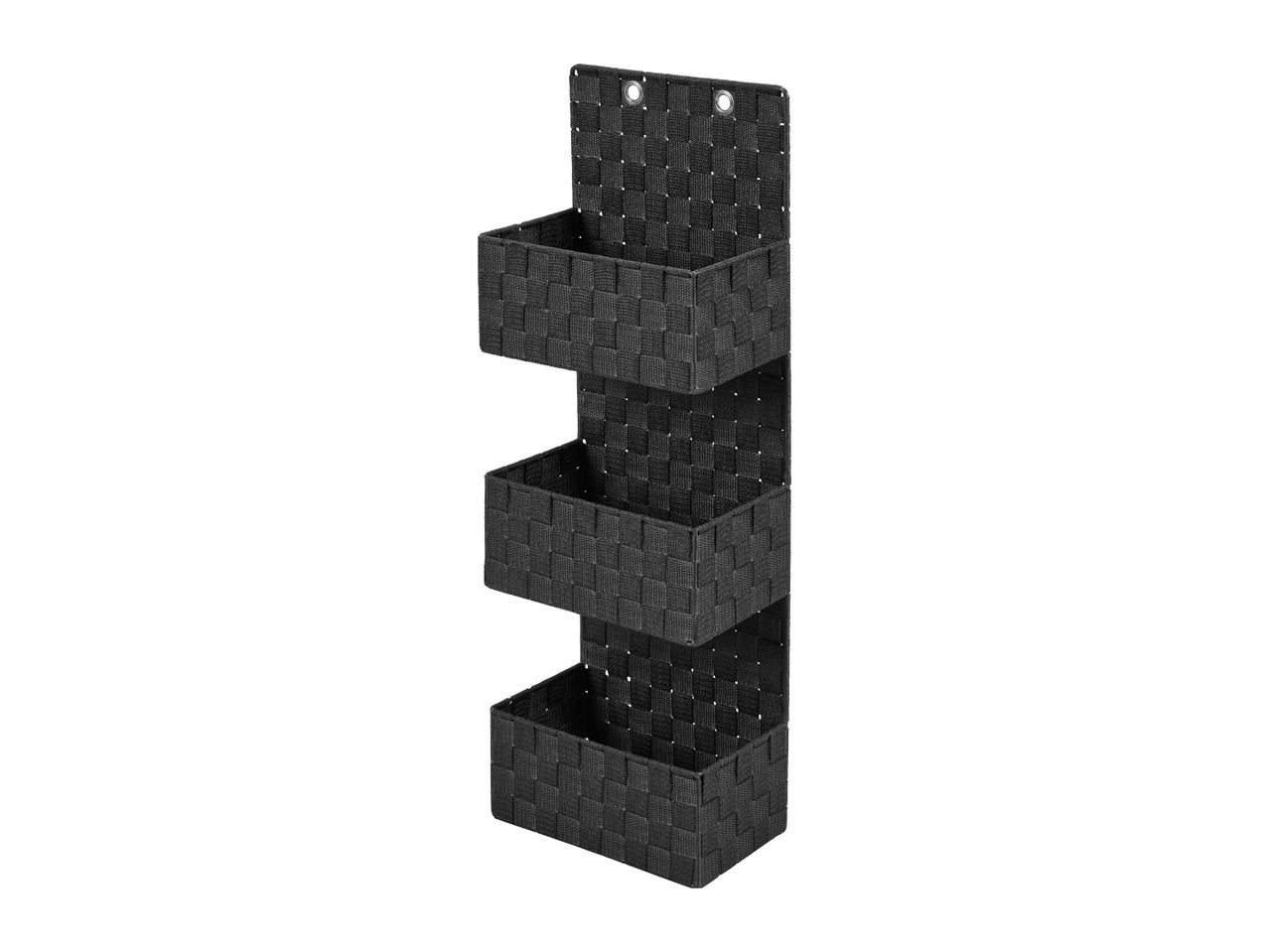 Black 3-tier hanging organizer with woven baskets