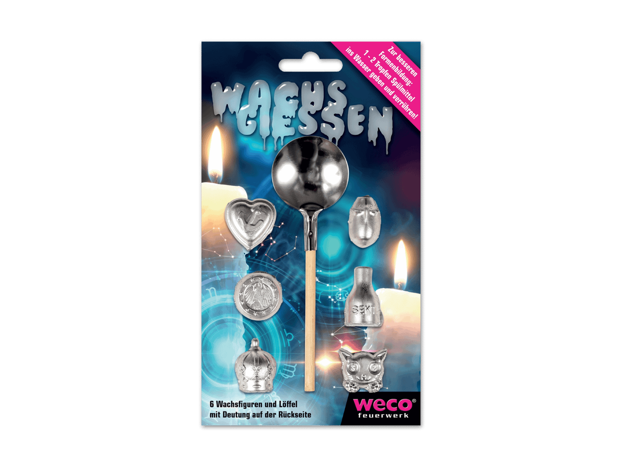 Wachsfiguren-Set mit Löffel und sechs verschiedenen Formen, darunter Herz, Käfer und Eule.