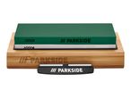 Parkside two-sided sharpening stone set with bamboo base and integrated honing steel.