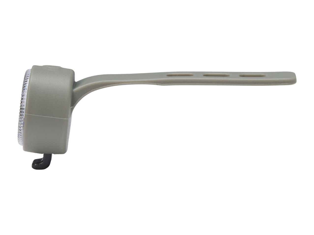 Grey bicycle light with a flexible strap, viewed from the side.