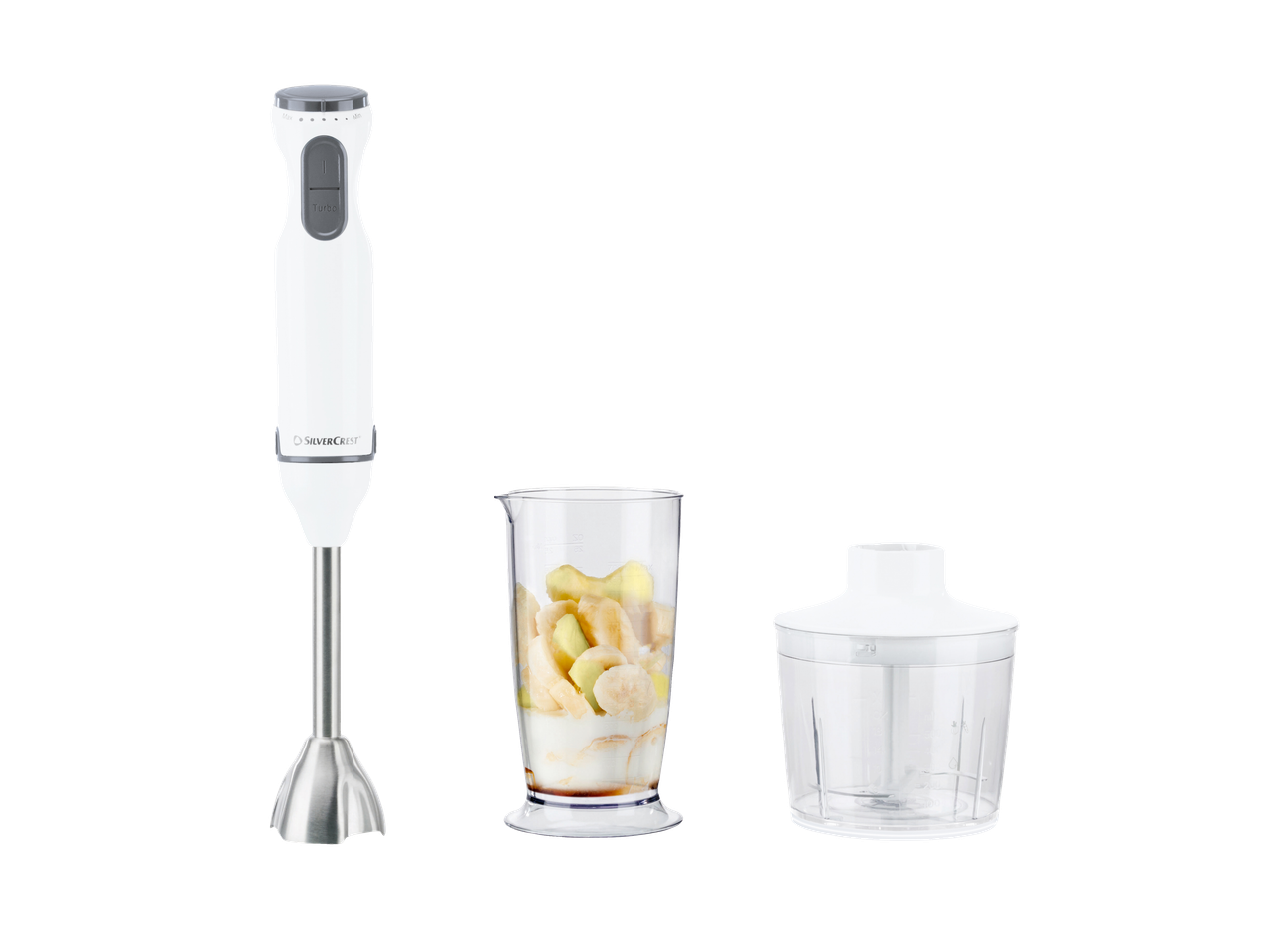 Silvercrest® 2-ühes saumikser mõõtetopsi ja hakkijaga, täis banaane ja jogurtit.