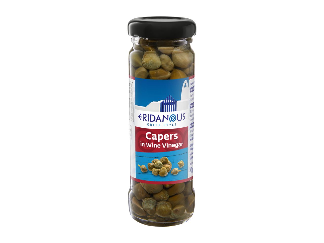 A jar of capers in wine vinegar, Greek style, with a blue and red label.