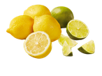Lemons and limes, some cut in half, arranged on a black background.