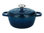 Dark blue cast iron casserole dish with a silver knob on the lid