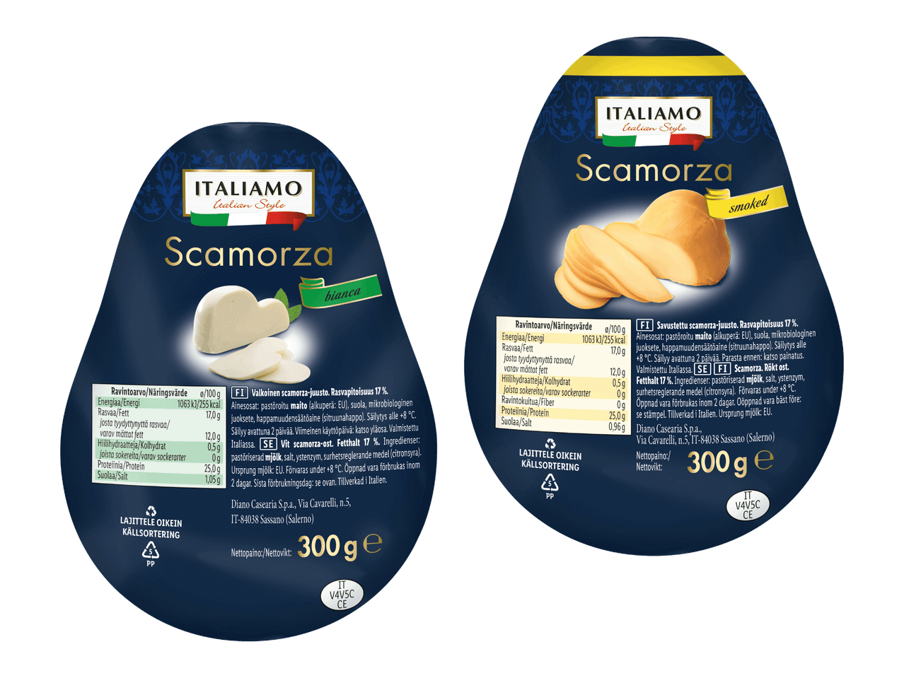 Kaksi pakkausta scamorza-juustoa, toinen valkoinen ja toinen savustettu.