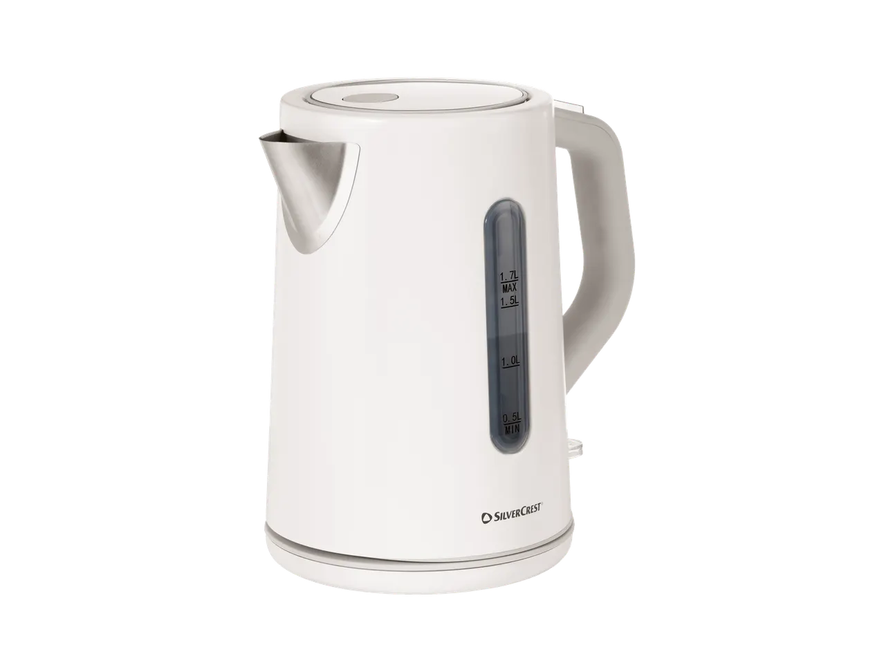 Balta elektriskā tējkanna ar ūdens līmeņa indikatoru, kas rāda mērījumus litros.