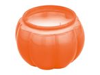 Orange pumpkin-shaped candle in a glass jar
