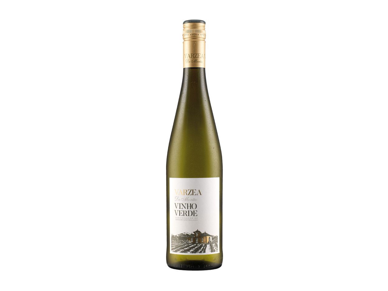 A bottle of white wine with a gold screw cap and a label featuring a vineyard scene.