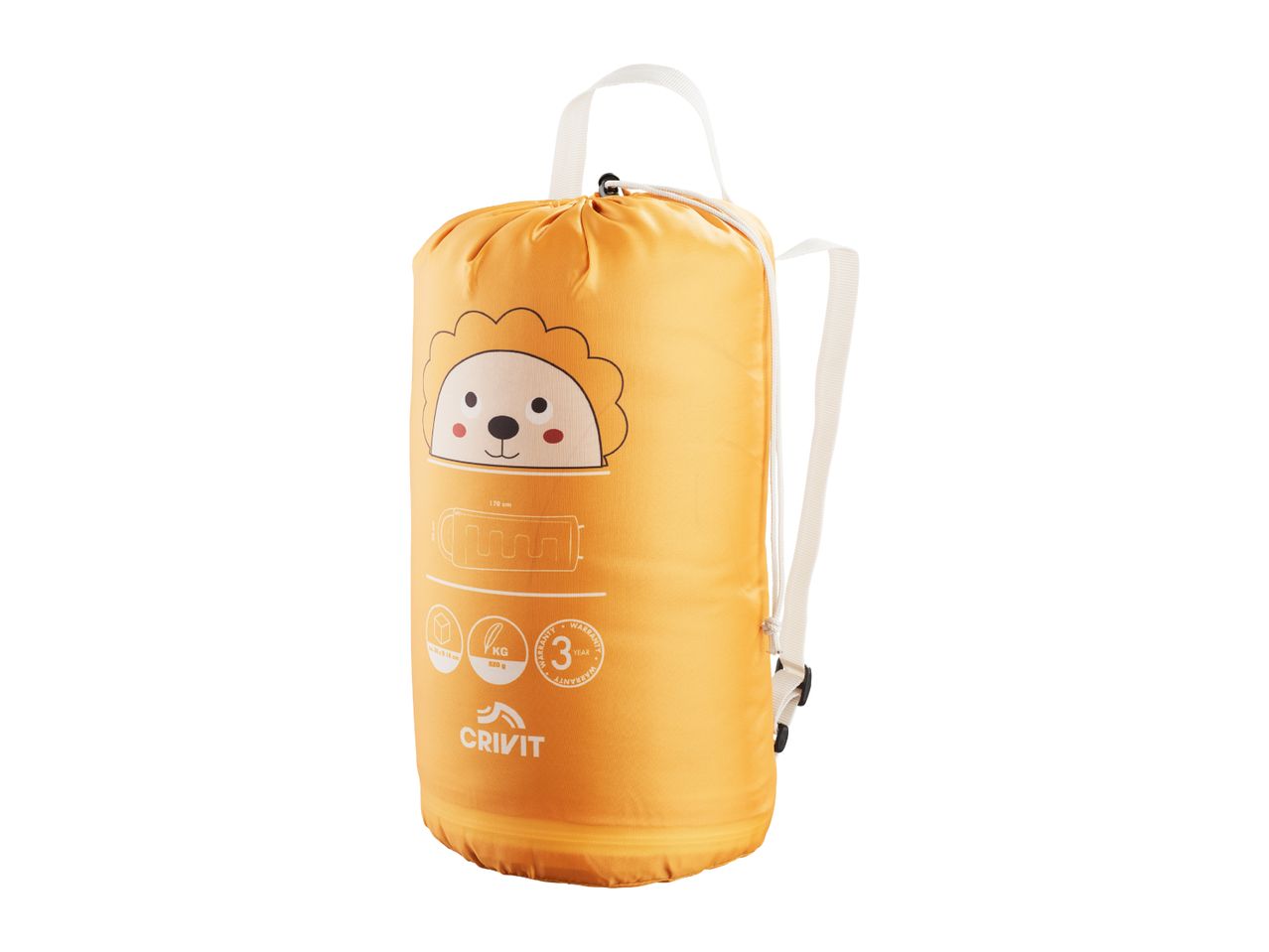 A Crivit children's sleeping bag, yellow with a lion design, is shown packed in its stuff sack with backpack straps.