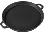 Black cast iron skillet with two handles, viewed from above.