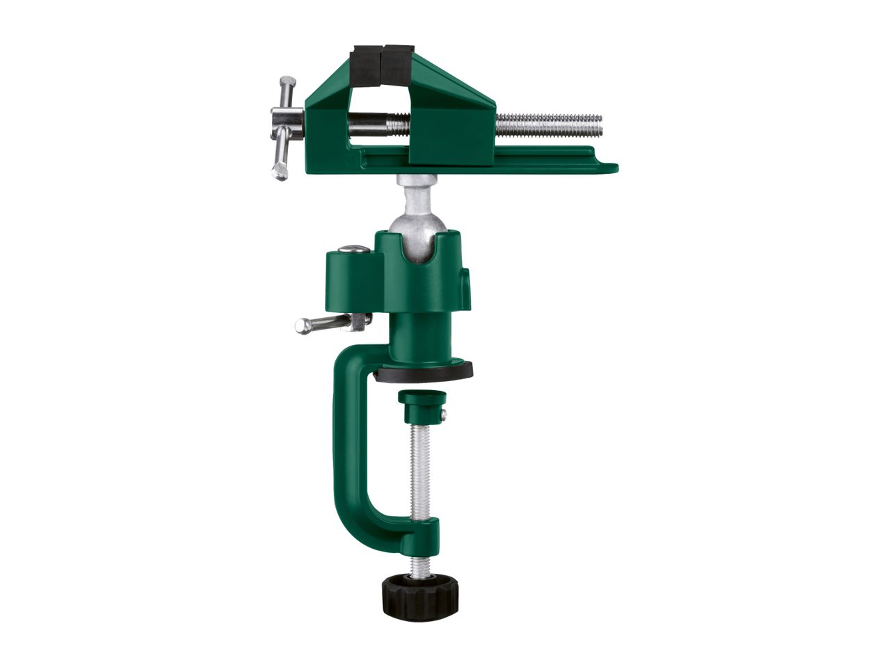 Green table vise with a clamp and swivel base
