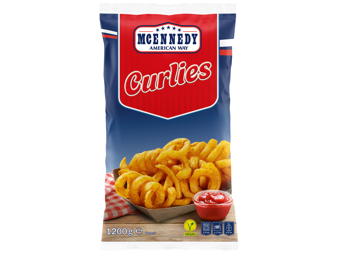 Sachet de frites bouclées avec du ketchup, 1200g, végétalien, temps de cuisson indiqué.