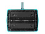 Close-up view of a teal handheld carpet sweeper with visible rotating brushes.