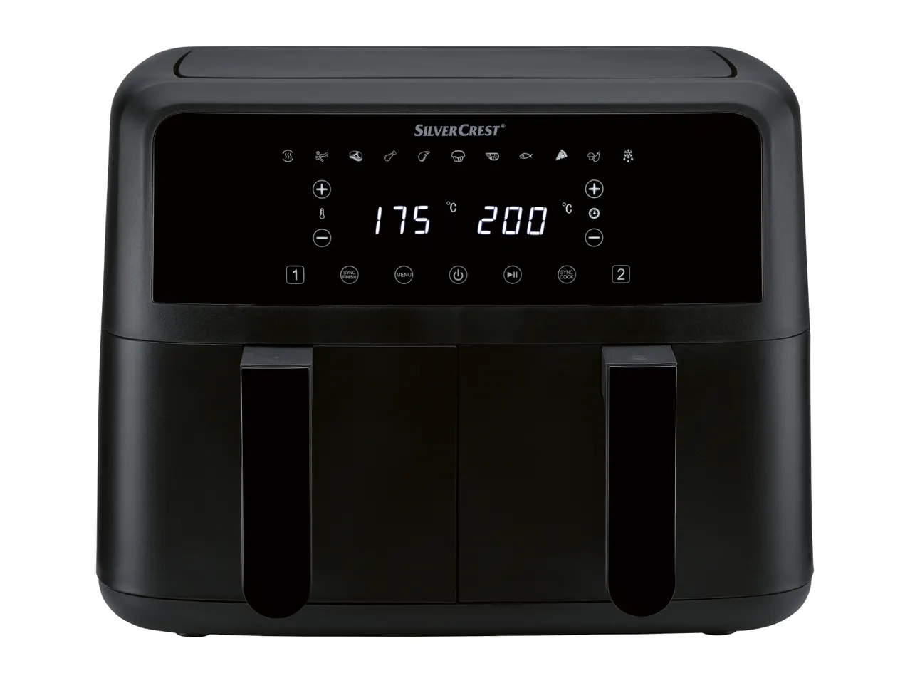 A black SilverCrest dual air fryer with a digital display showing temperatures 175°C and 200°C.