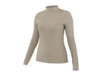 Beige long-sleeve turtleneck top for women, front view.