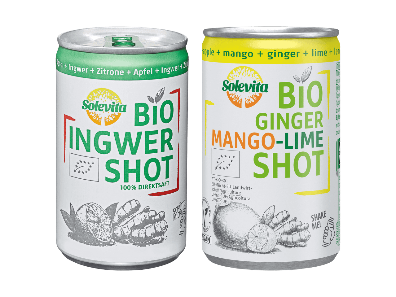 Zwei Dosen Bio-Ingwer- und Mango-Limette-Shots auf schwarzem Hintergrund.