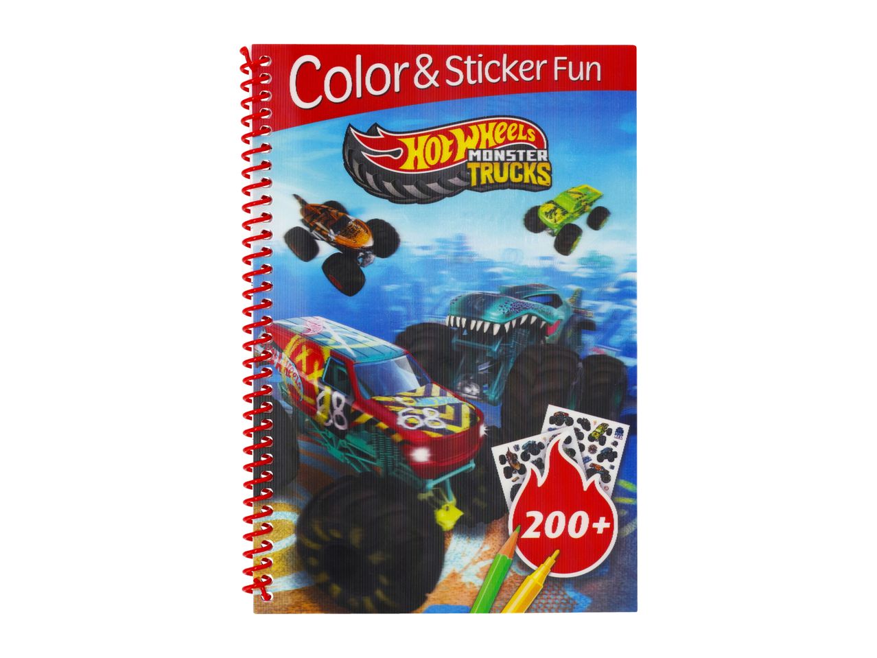 Spiral-bound coloring and sticker book featuring monster trucks, with a '200+' sticker count.
