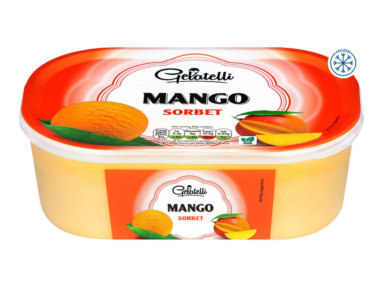 Frozen mango sorbet in a tub with nutritional information and a vegan label.