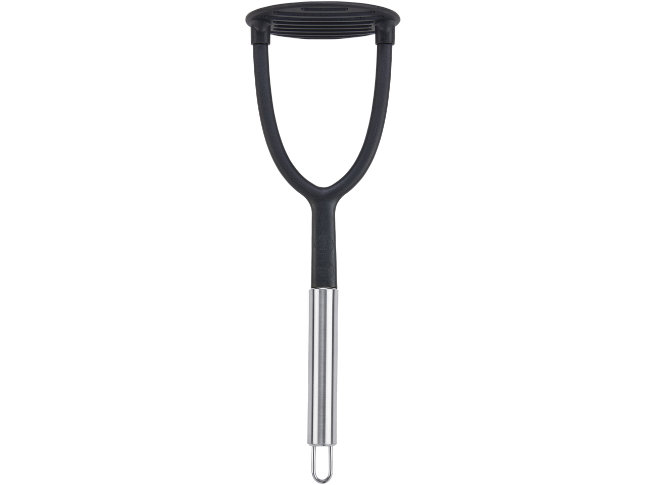 Écrase-purée noir avec manche en métal.