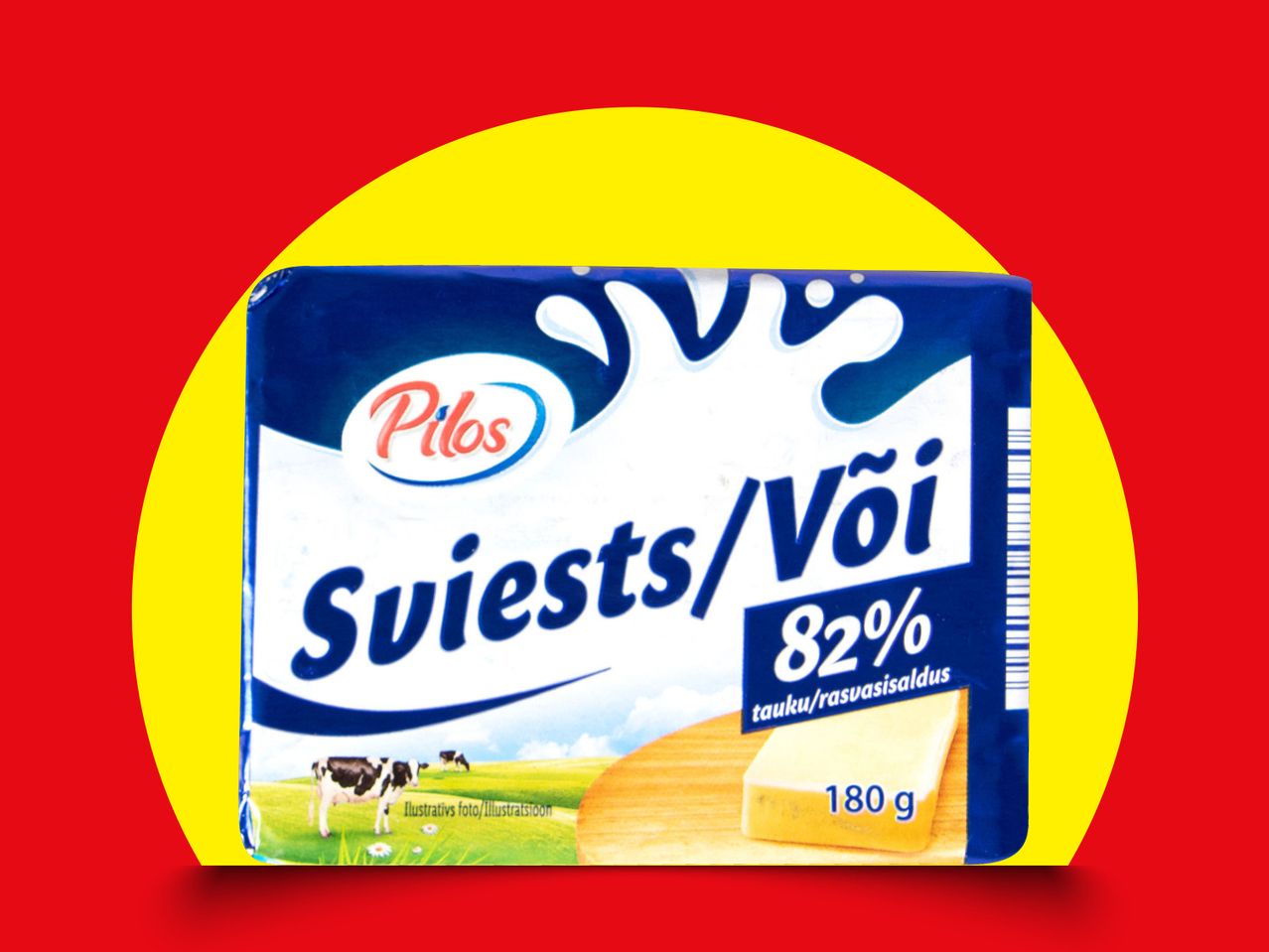 Pilos või pakend 82% rasvasisaldusega, 180 g, punasel taustal kollase ringiga.