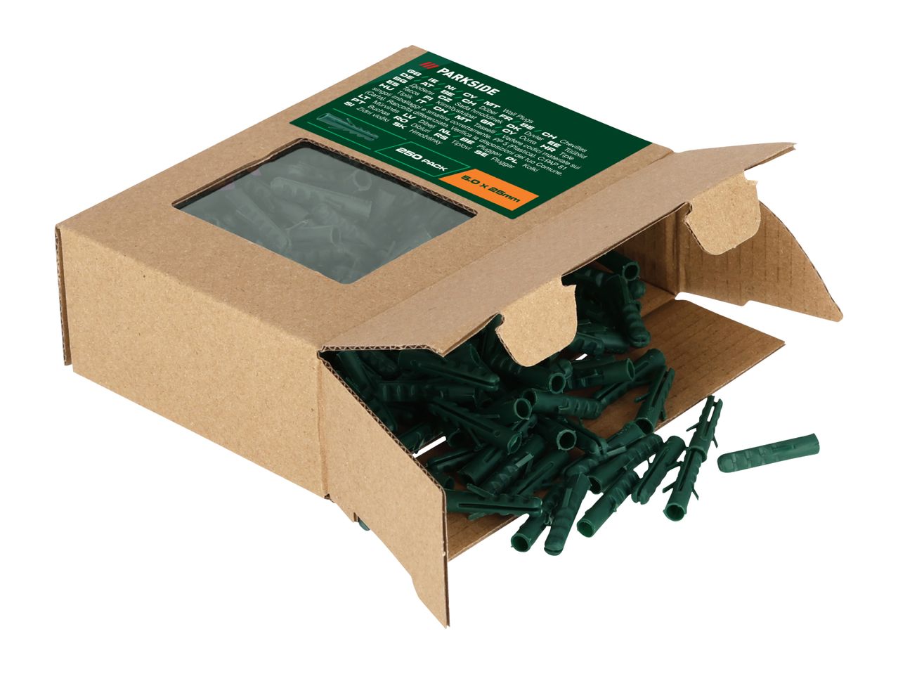 A box of 250 green wall plugs, size 5.0 x 25mm, with multilingual product information.