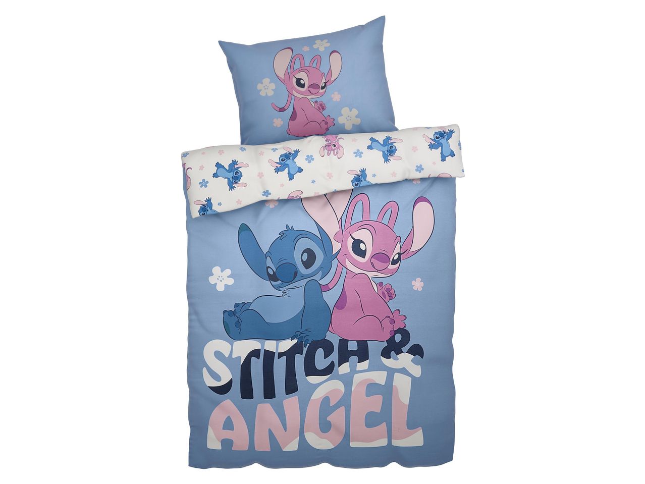 Lilo és Stitch ágynemű garnitúra, kék alapon Stitch és Angel mintával.
