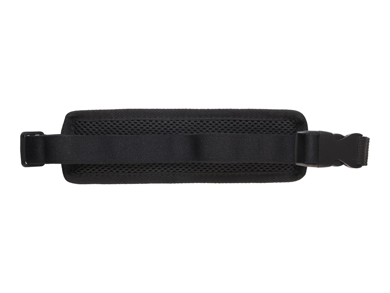 Black waist belt with a mesh back and a plastic buckle closure.